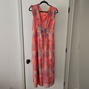 Betsy Johnson Dreamscape Floral Maxi Dress Ruffles Rouching Deep V-neck Size SM